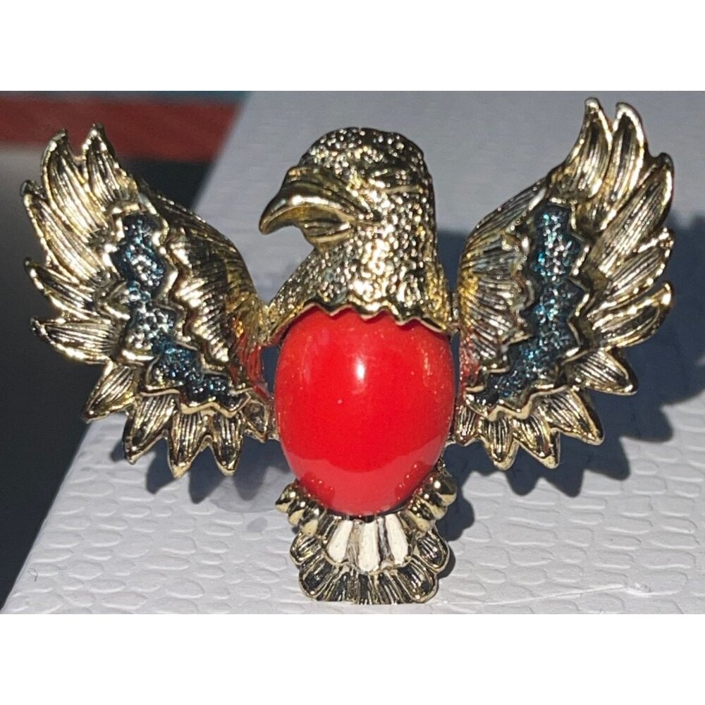 Vintage Gold-Tone Gerrys Eagle Brooch With Red Cabochon Center & Blue Accents